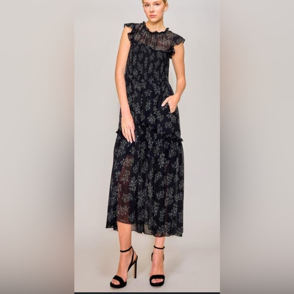 NWT Melloday Ruffle Sleeveless Fit & Flare Chiffon Maxi Dress Black XL